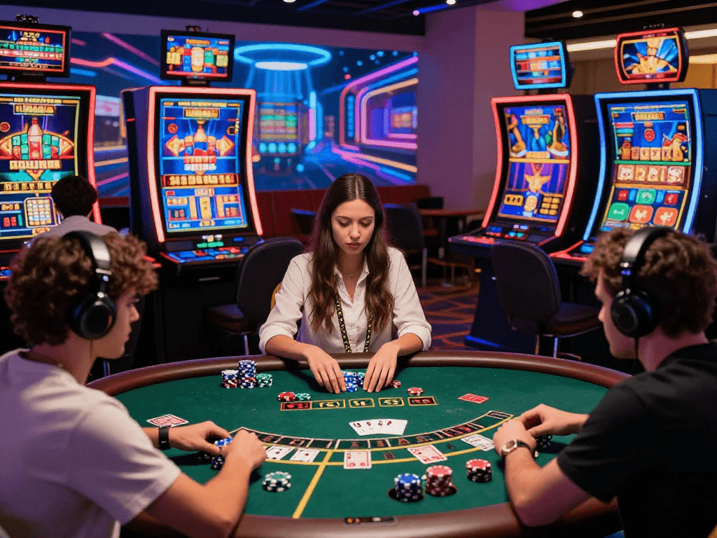 Engaging players at live dealer table playing blackjack in US online casinos, vibrant casino atmosphere.