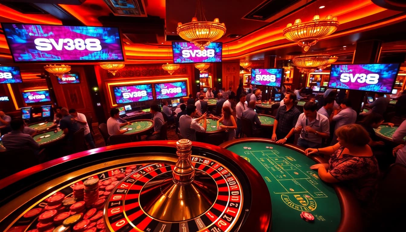 Players enjoying intense gaming at sv388 casino with poker chips and roulette wheel.