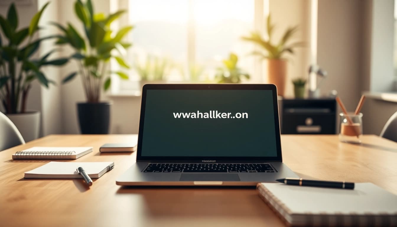 View of a modern workspace showcasing the website https://whatalker.com on a laptop amidst creative materials.