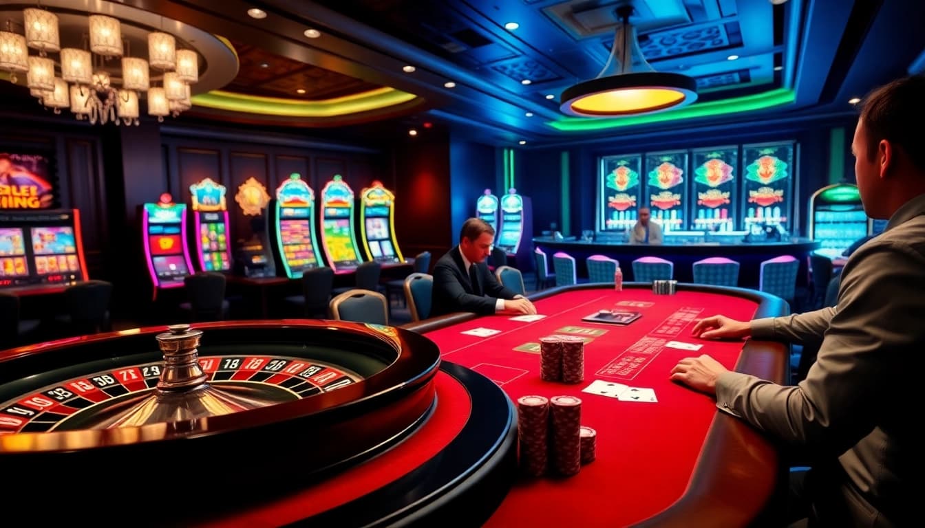 Experience the thrill of gaming at i9bet with vibrant casino visuals featuring poker and roulette tables.