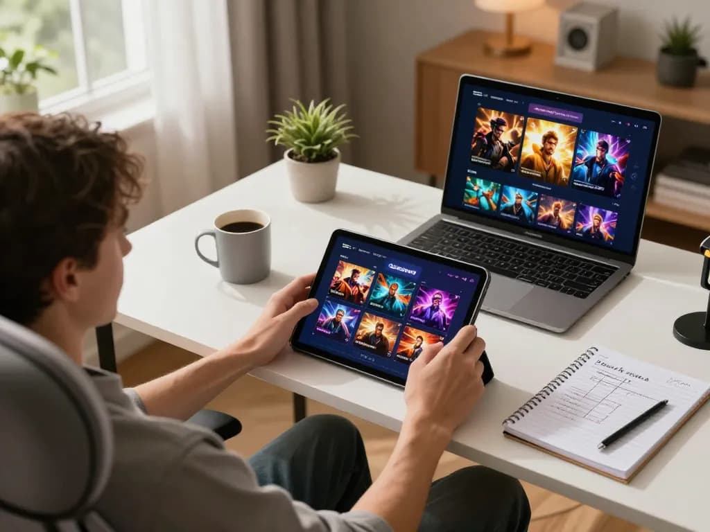 Player enjoying gojekpot slots on a tablet at a stylish home desk, showcasing strategic gaming