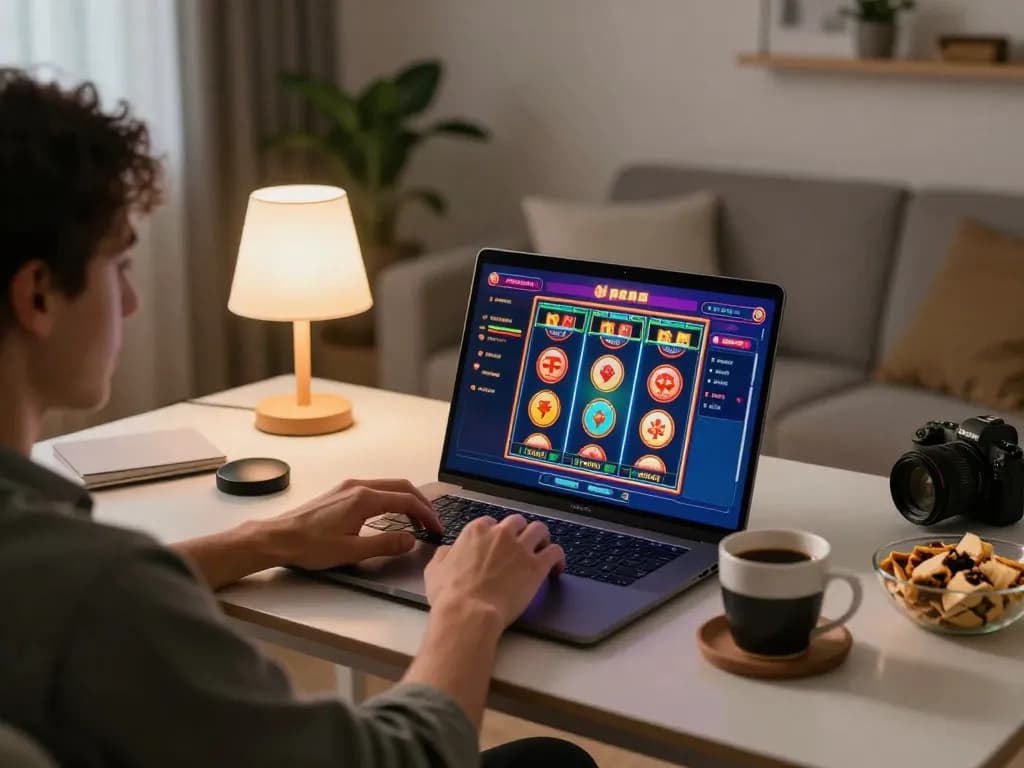 Player enjoying bgd33 slot game on laptop at home with snacks and warm lighting