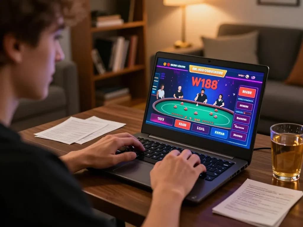 W188 user enjoying online casino gaming with vibrant poker interface and cozy home setup.