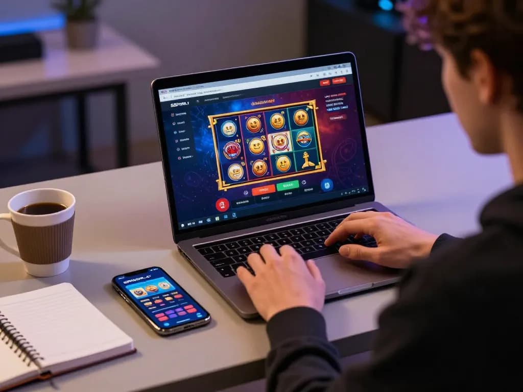 Engaged player exploring link Sepuhplay online gaming on laptop, showcasing vibrant casino interface.