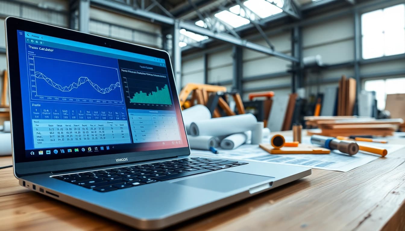Enhance structural designs with a professional truss calculator displayed on a laptop in an industrial setting.