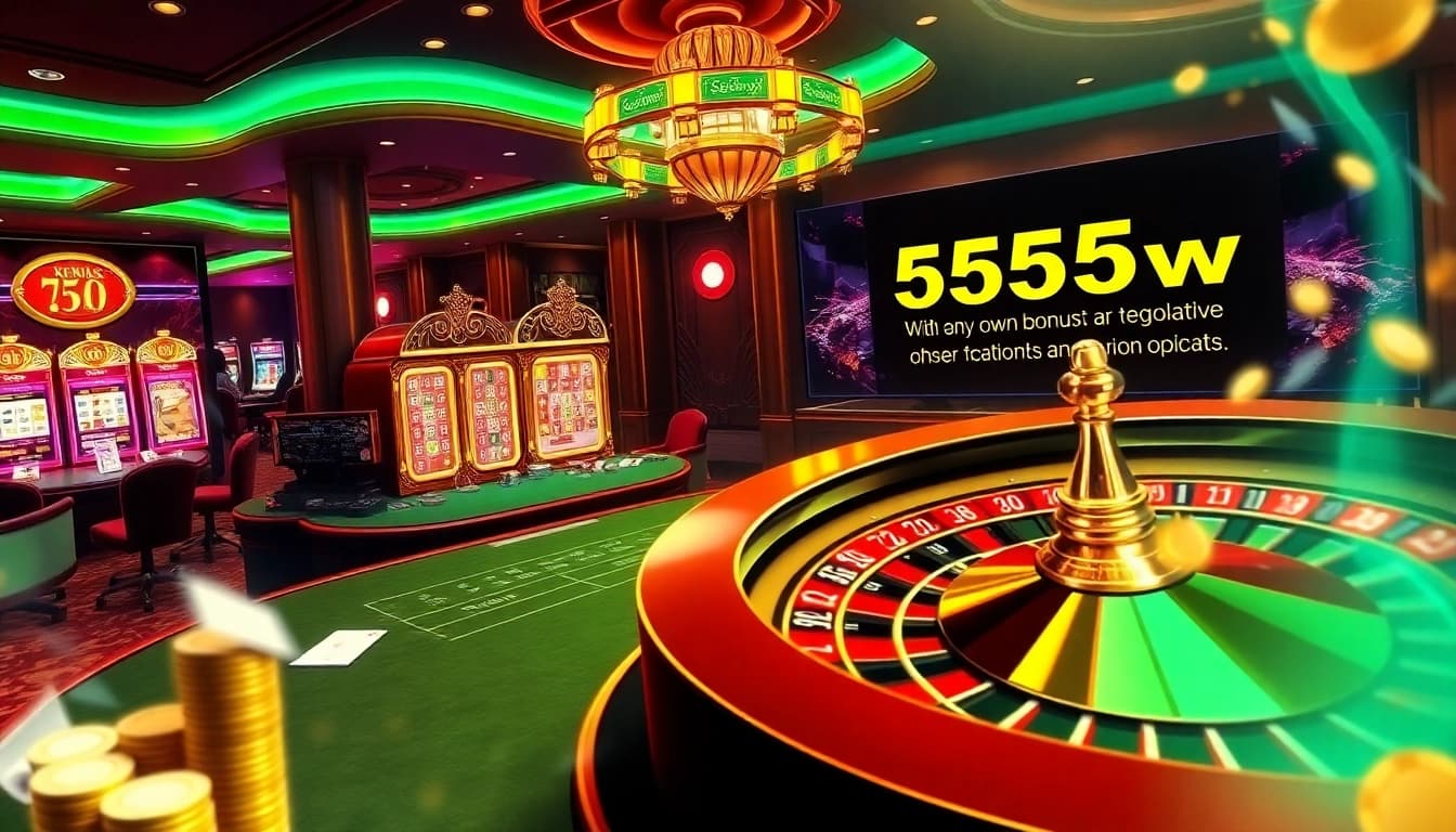 Players engaged in an exciting poker game at a luxurious casino table, featuring the 555win brand prominently.