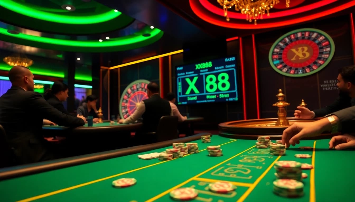 Players strategizing at the XX88 casino poker table, showcasing excitement and competition.