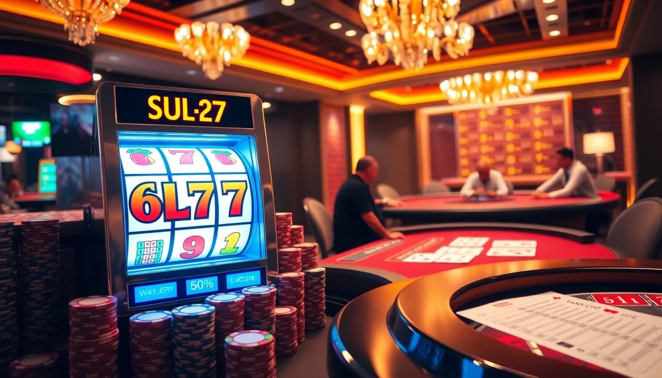Experience thrilling gameplay as players conquer 6L777 on exciting slot machines in a luxurious casino setting.