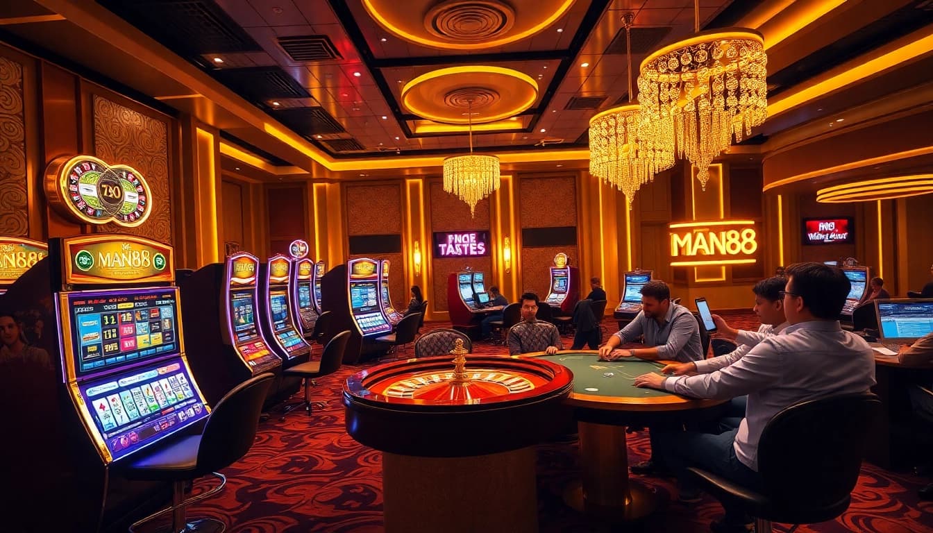 Man88 slot machines and roulette wheel create a thrilling casino atmosphere.
