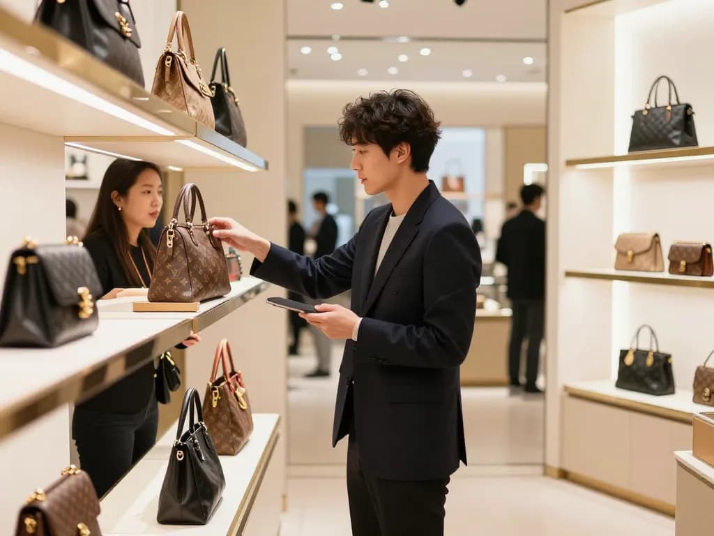 Shopping experience at a premium 레플리카 쇼핑몰, showcasing luxury replica handbags and chic decor.