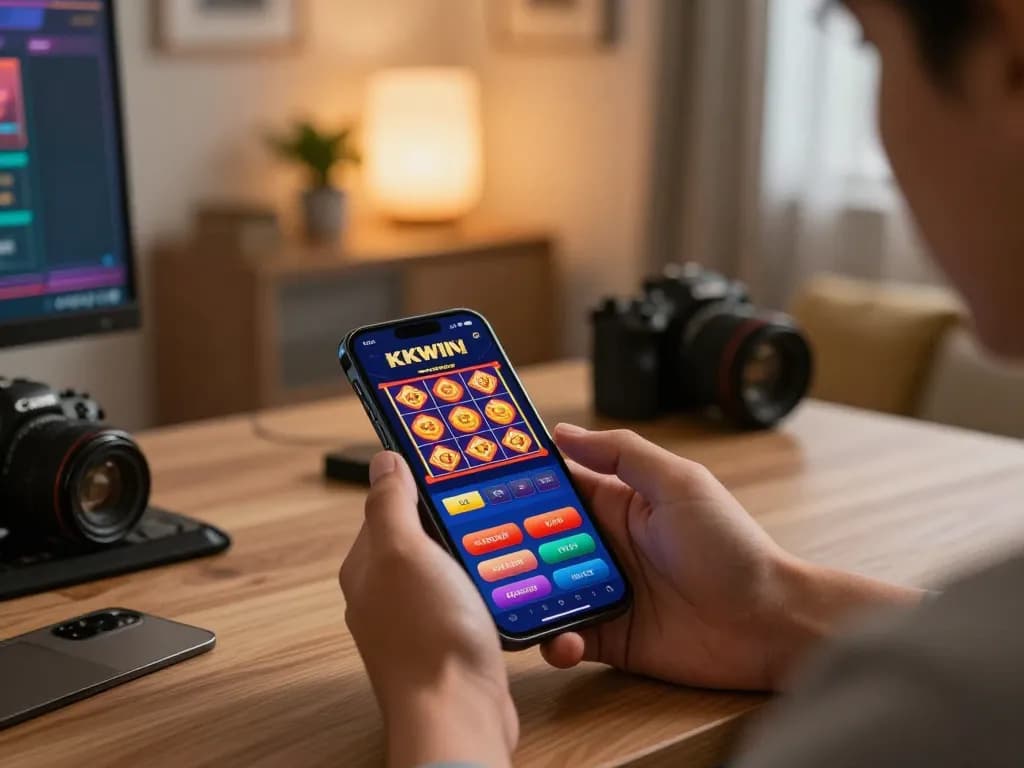 Kkwin player engaging with mobile casino app, showcasing diverse gaming options and a stylish home setup.