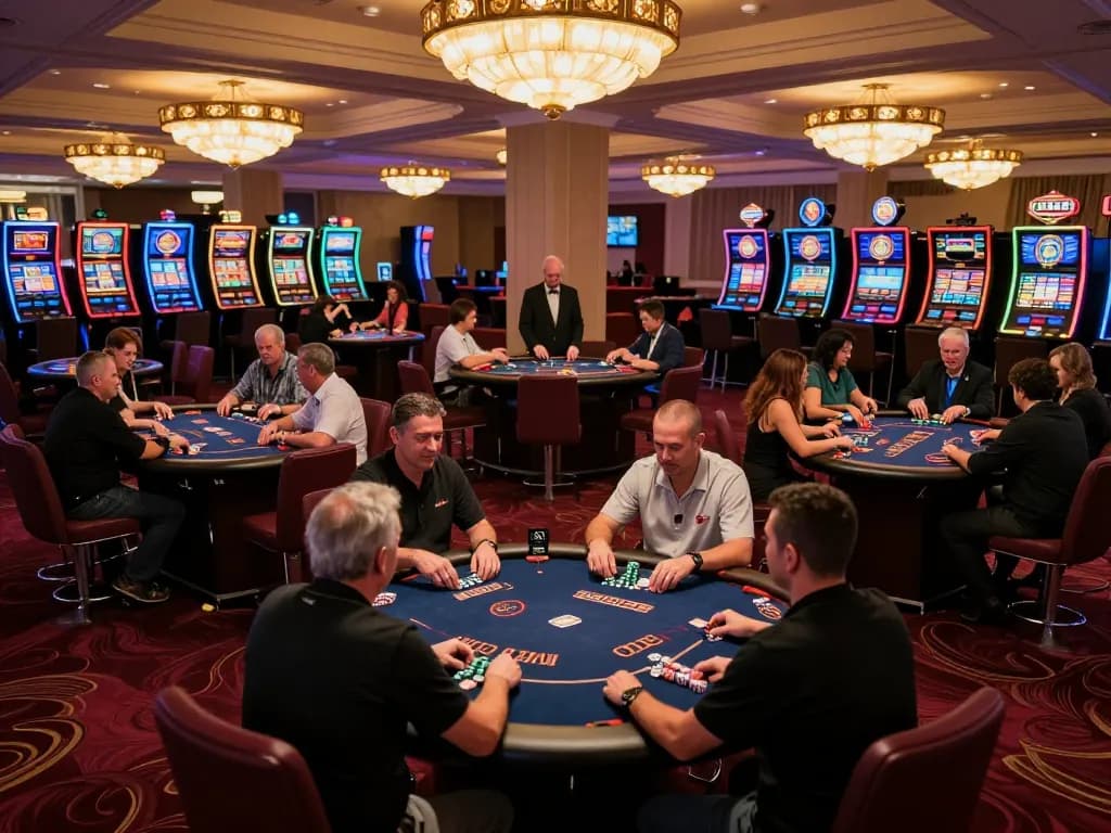 Players enjoying a vibrant gaming atmosphere at Nhà cái 789bet, showcasing lively poker games and luxurious casino decor.