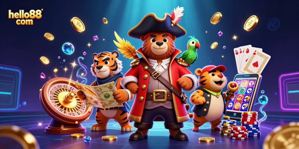 Experience thrilling games at hello88 com with pirate-themed 3D illustrations showcasing casino action.