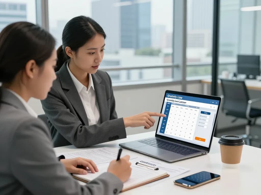 HR consultant demonstrating the Gratuity Law calculator to an employee in a modern office setting.