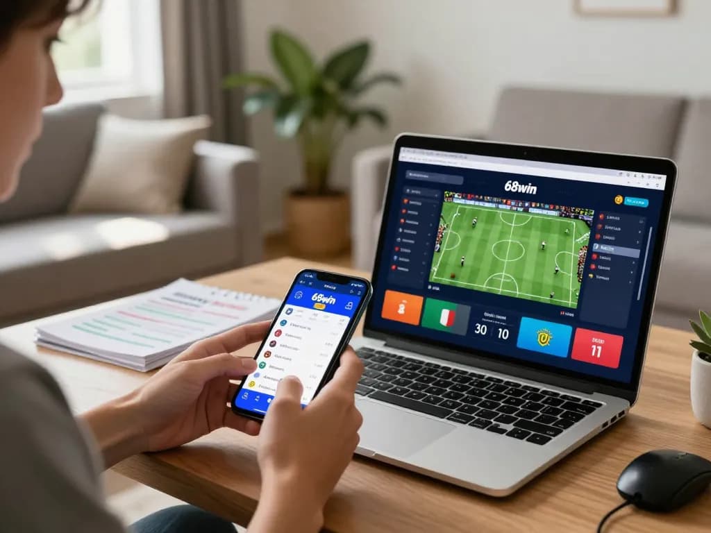 Betting on real-time sports events with the 68win app in a cozy living room.