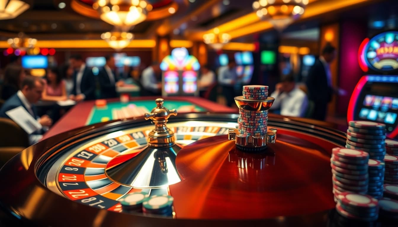 Menangkan ibet44 di meja roulette dengan suasana kasino yang megah dan ceria.
