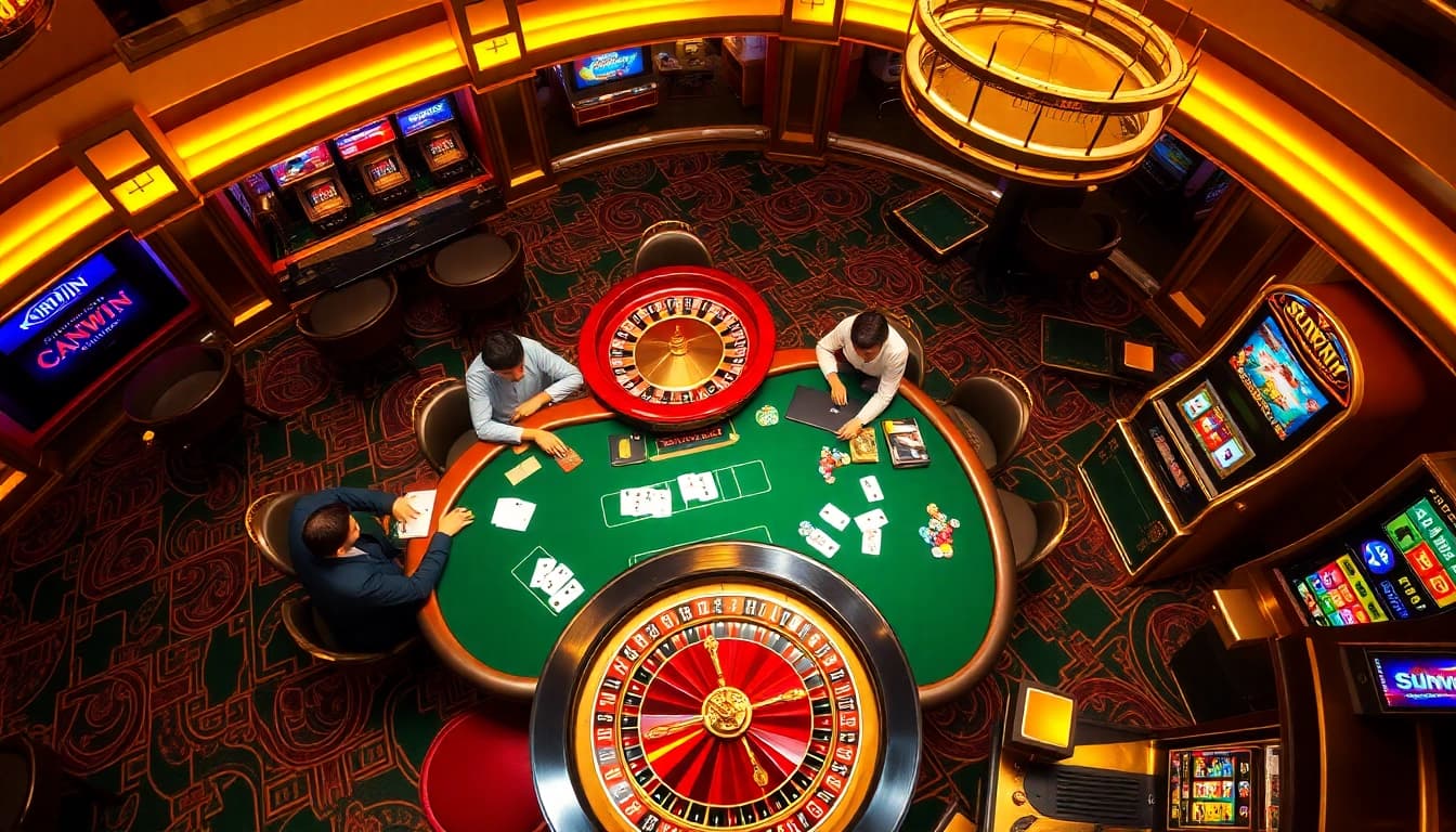 Enjoy a thrilling moment at a SUNWIN casino table with professional players and vibrant gaming elements.