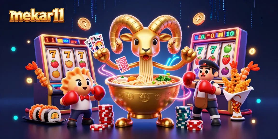 Mekar11 features a vibrant illustration of a giant ramen bowl character alongside unique gambling elements showcasing the thrill of slot gaming.