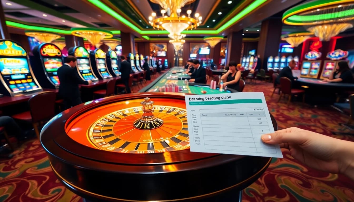 Experience the excitement of 8qbet with luxurious casino visuals, betting slips, and vibrant slot machines.
