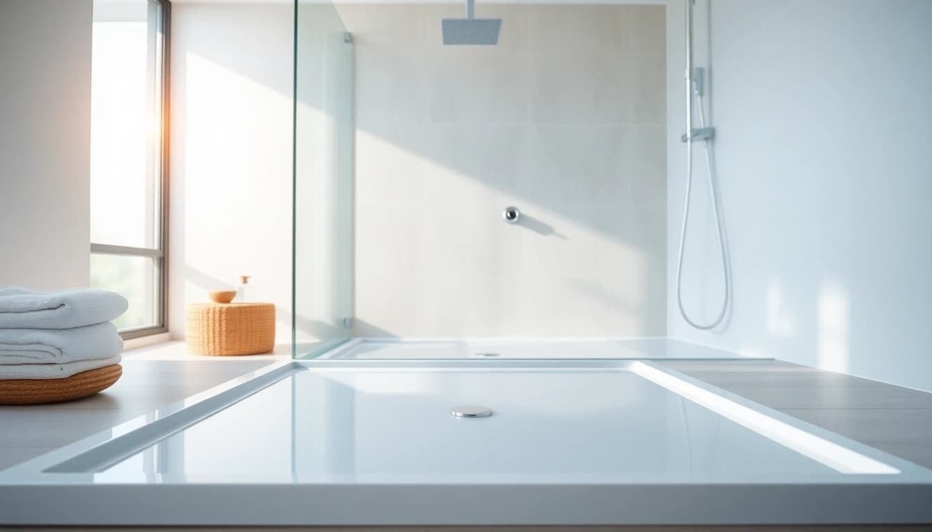 Piatto doccia elegante in un bagno moderno, installato con cura e stile.