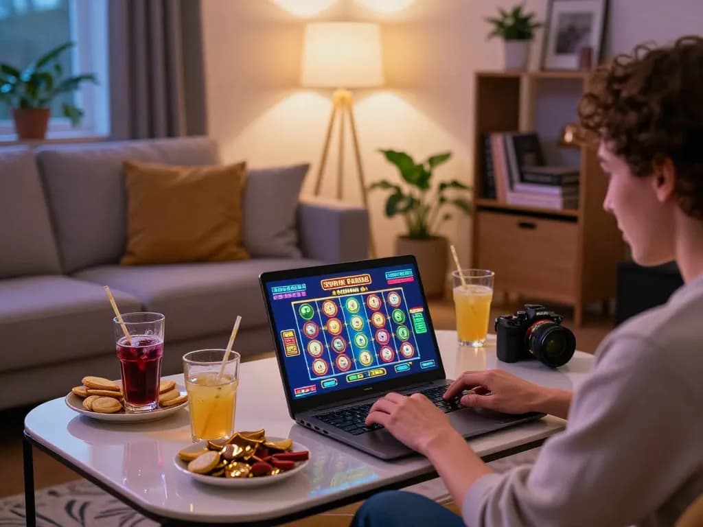 Enjoying gameplay at spin panda casino online with a laptop setup, showcasing excitement and strategy.