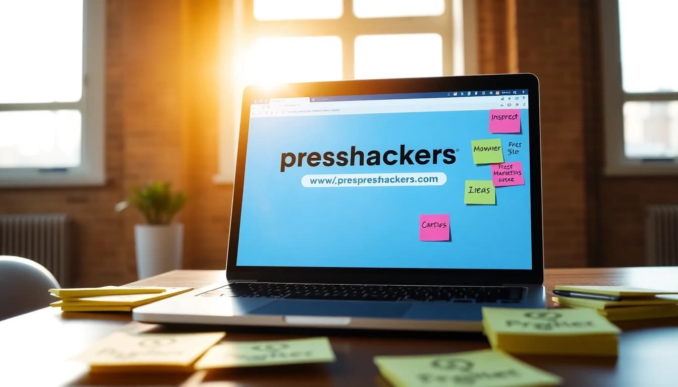 Engaging workspace depicting https://presshackers.com on a laptop with colorful brainstorming materials.