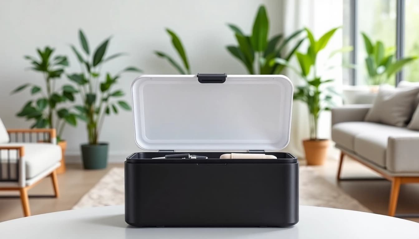 Organize efficiently with a stylish storage box showcasing its clear contents.