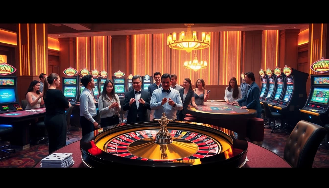 Engaging online gambling scene with okwin logo, poker chips, and roulette wheel.