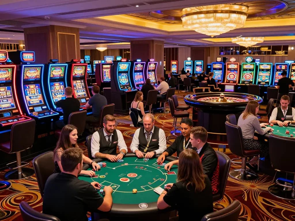 RED88 players celebrating wins at vibrant casino, showcasing slot machines and poker tables