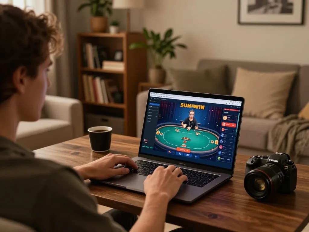 Engaging with SUNWIN LINK on a cozy home setup, showcasing online poker gameplay.