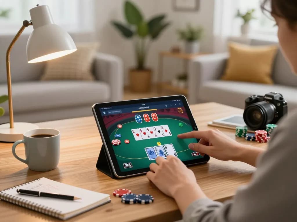 Permainan poker online yang menarik di tablet menampilkan antarmuka paris888 dengan catatan strategi dan kopi di dekatnya.