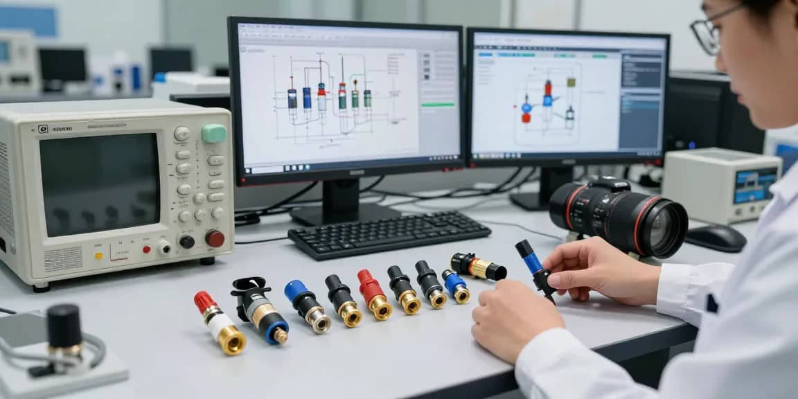 Technician analyzing various geophone connectors in a professional geophysical lab.