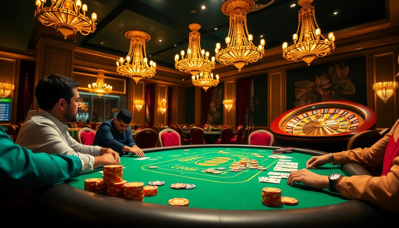 Players engaging in a thrilling poker game at a luxurious casino, showcasing okbay vibes.