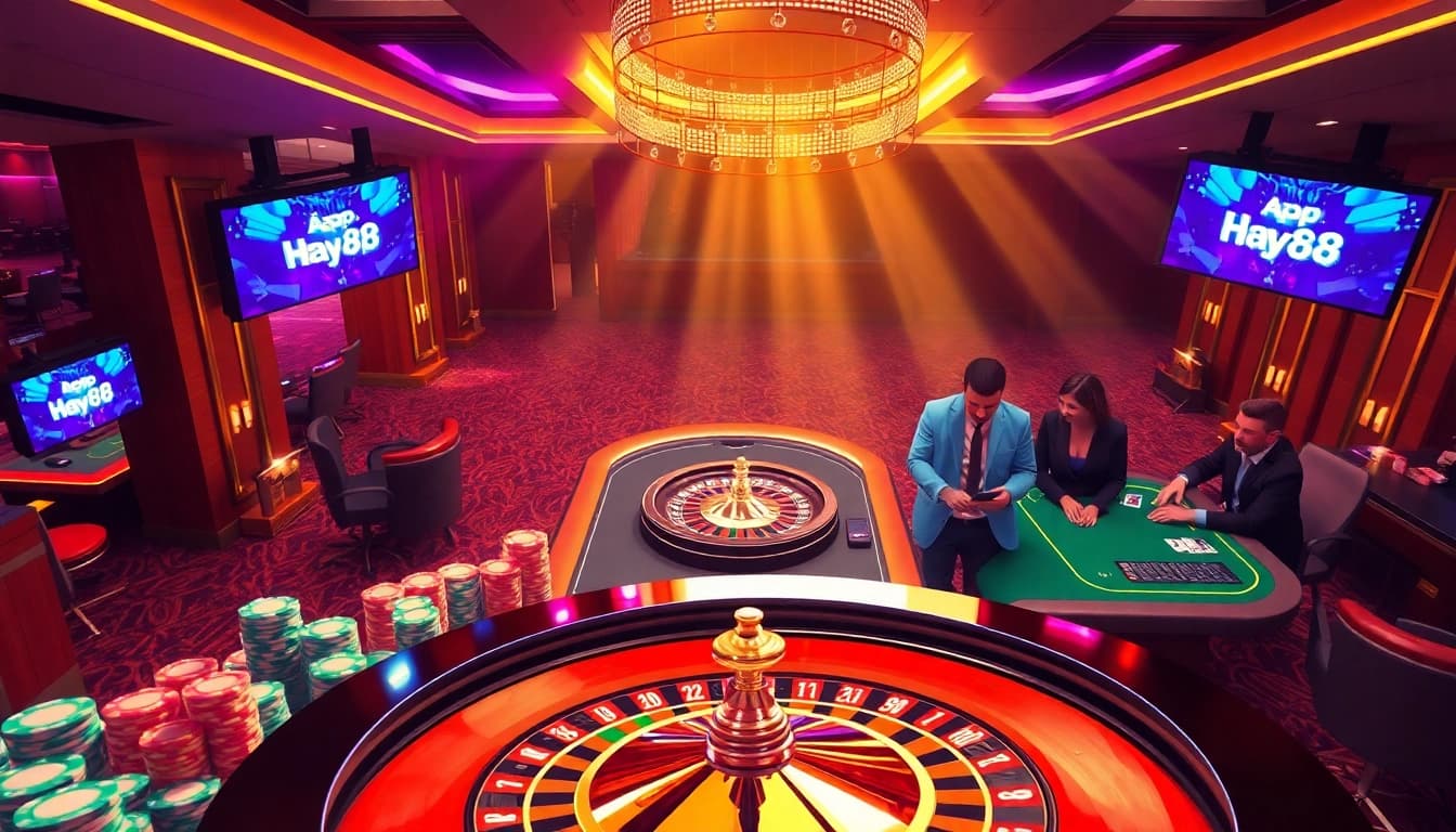 Engaging scene of online gambling featuring tải hay88 with poker chips, roulette wheel, and vibrant casino atmosphere.