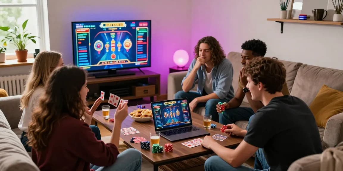 Friends enjoying a fun night playing at credit card casinos UK from a cozy living room with colorful lights.
