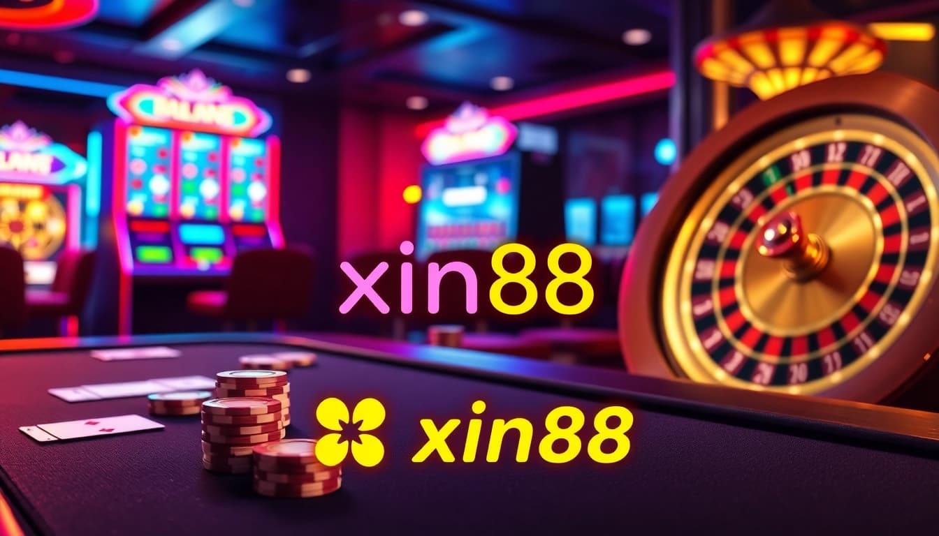 Experience the excitement of xin88 with players at a vibrant online casino table, filled with chips, cards, and digital slot machines.