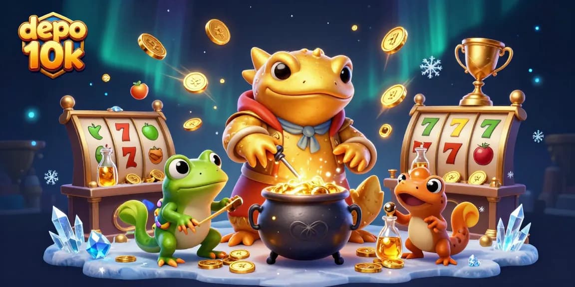 Experience the thrill of depo 10k with a dynamic illustration of a golden alchemist turning base metals into gold.