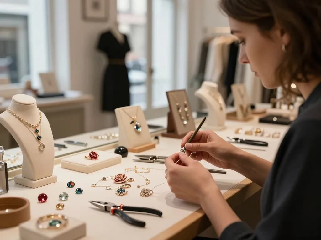 Håndværksjuveler designer håndlavede smykker i en stilfuld boutique, der fremviser rosinspirerede designs.