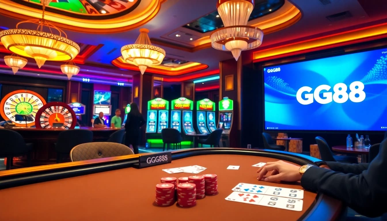 Players enjoying a thrilling poker game at GG88 casino with vibrant lights and luxurious atmosphere.