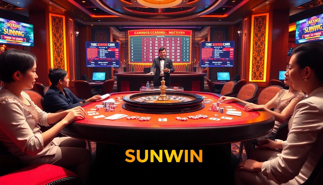 SUNWIN players eagerly betting at a luxurious casino table with vibrant poker chips and cards.