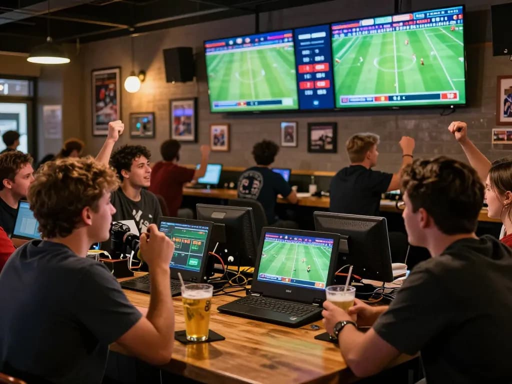 Nowgoal sports betting patrons celebrate wins with drinks while analyzing odds in lively bar setting