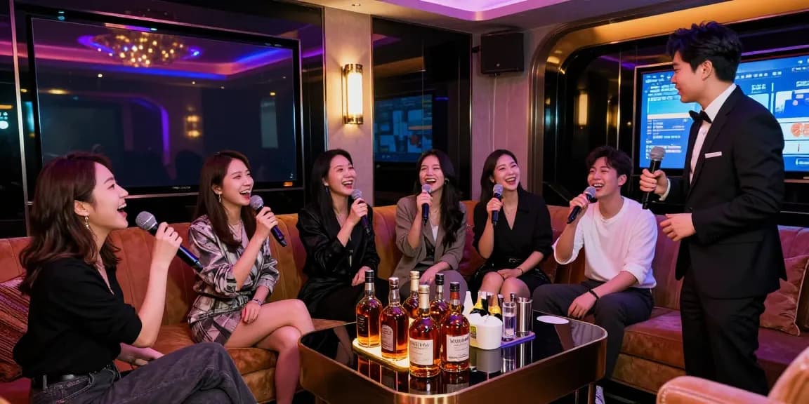 강남 가라오케에서 친구들과 함께 술과 노래를 즐기는 고급 분위기