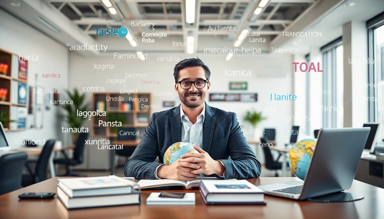 Translate various languages with 有道翻译 in a vibrant office environment.