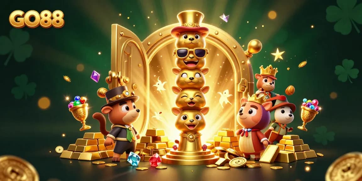 Play exciting games at GO88 with a vibrant and dynamic casino illustration featuring gold treasures.