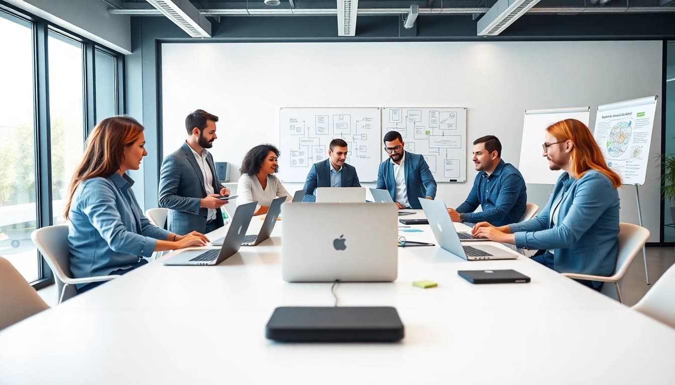 Teamwork on unlimited WordPress tasks with laptops and modern office setting for enhanced productivity.