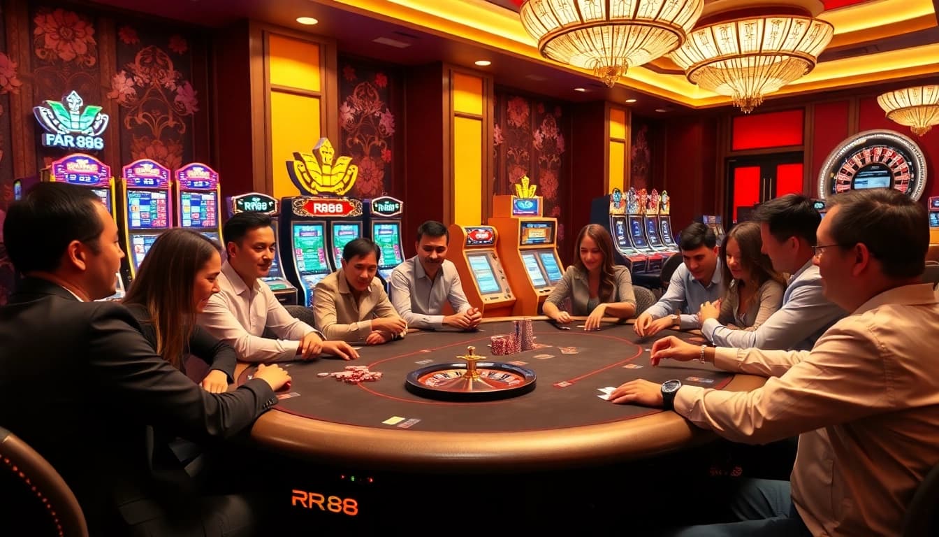 Players enjoying a thrilling game at RR88 casino table, showcasing high-stakes excitement.