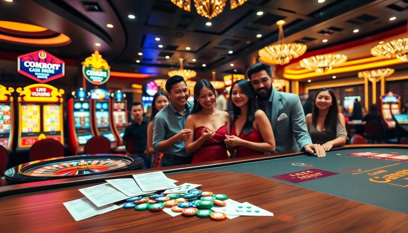 Excited players place bets at a luxurious gg88 casino with vibrant slot machines and a roulette table.