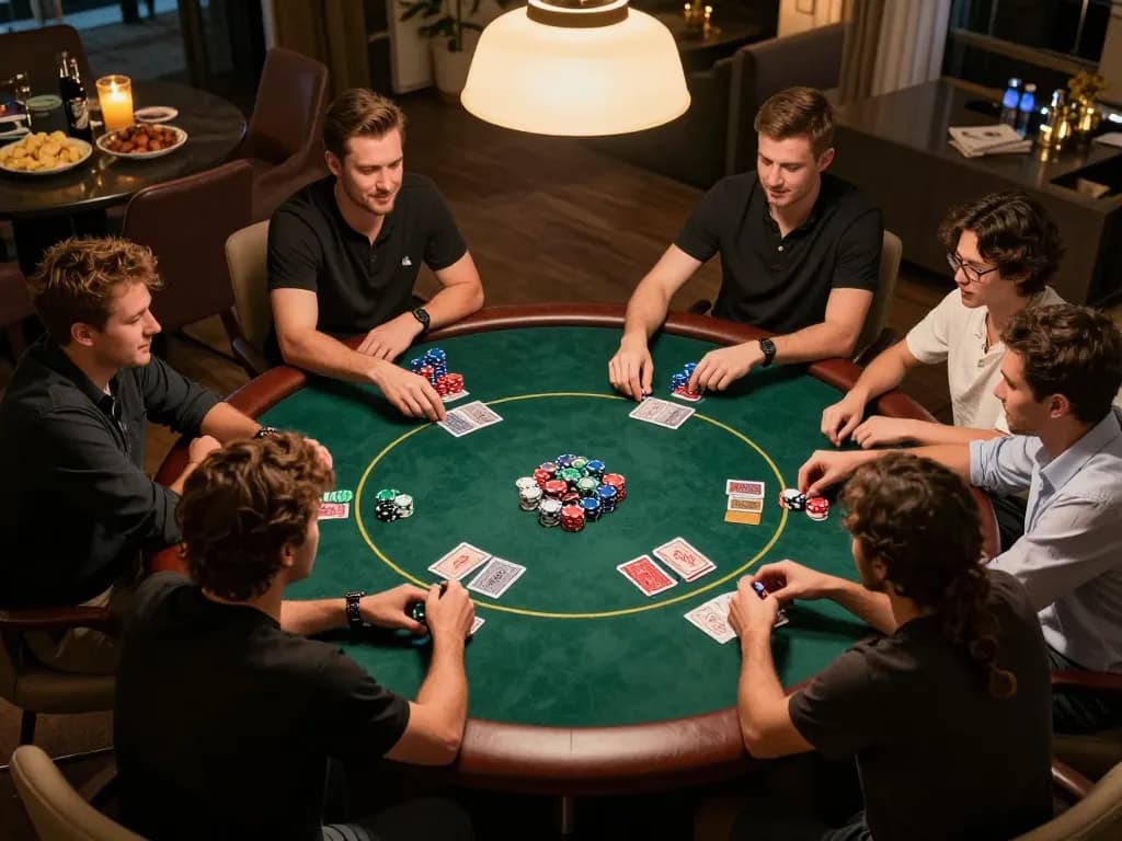 Players strategizing a friendly poker game with 9bet chips at an elegant home table