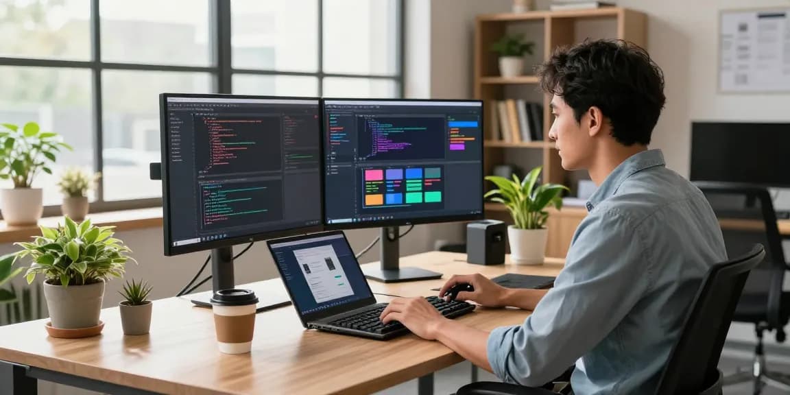 Creative tech workspace with a developer coding at dual monitors, showcasing 纸飞机官网 and modern office elements for productivity.