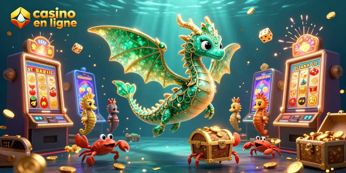 Venez jouer au casino en ligne avec l'atelier élégant du dragon de mer, entouré de machines à sous colorées et de trésors éblouissants.